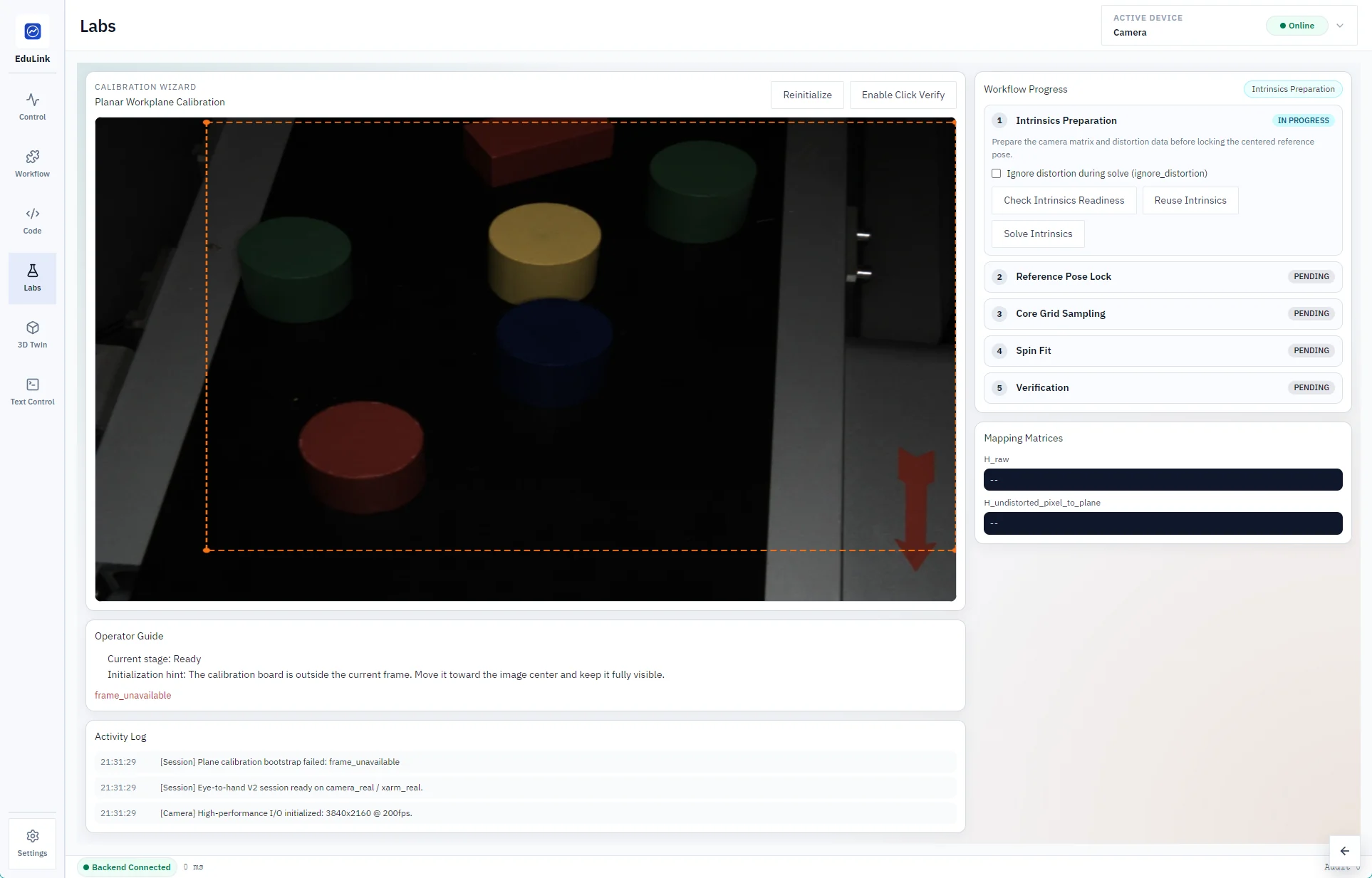 EduLink camera calibration wizard for robotics machine vision labs
